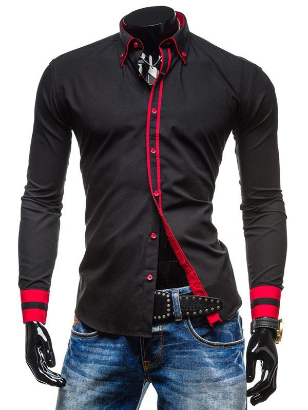 

Color Spliced Button Up Long Sleeves Shirt, Black