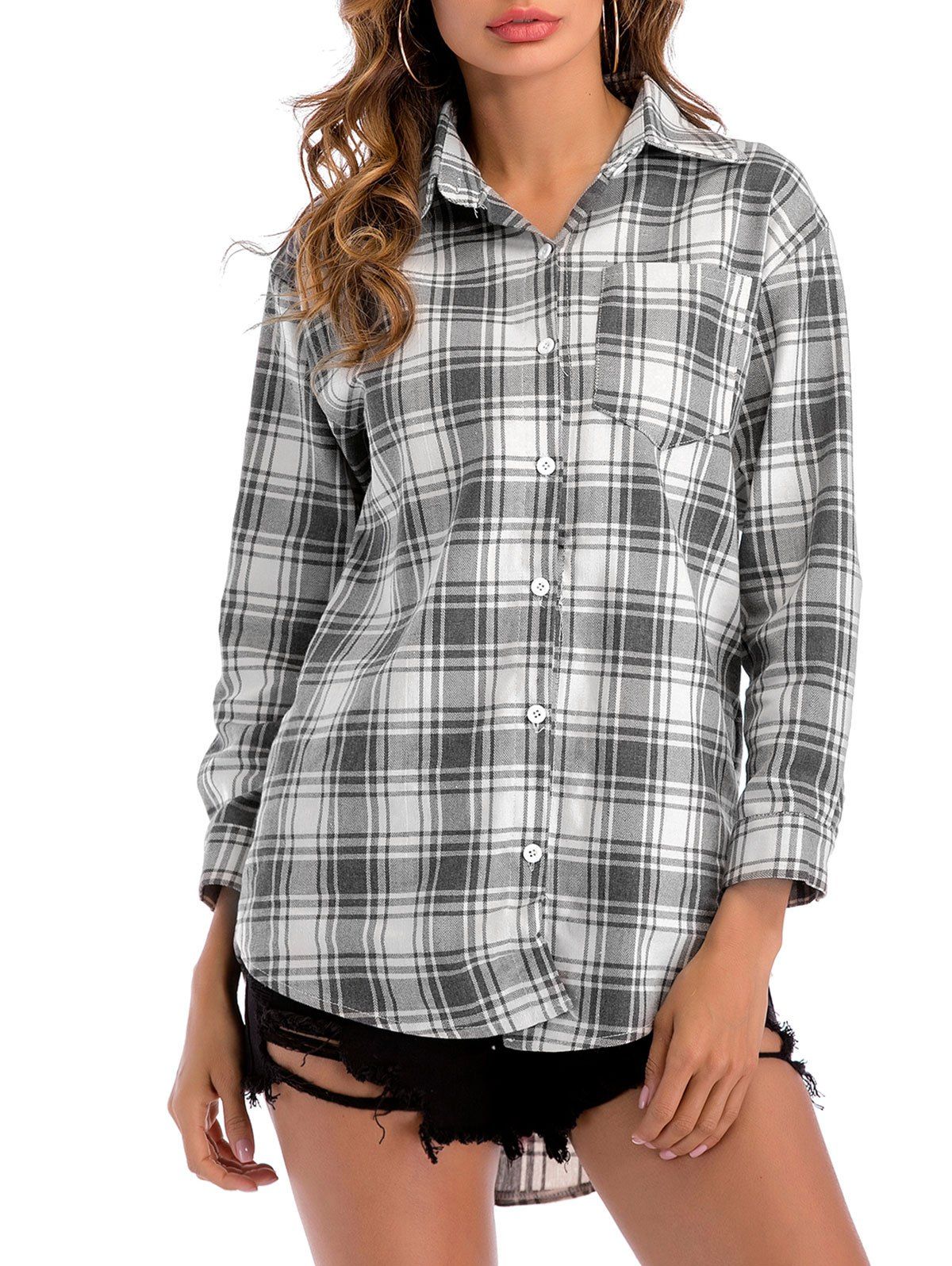 

Plaid Dip Hem Pocket Shirt, Gray