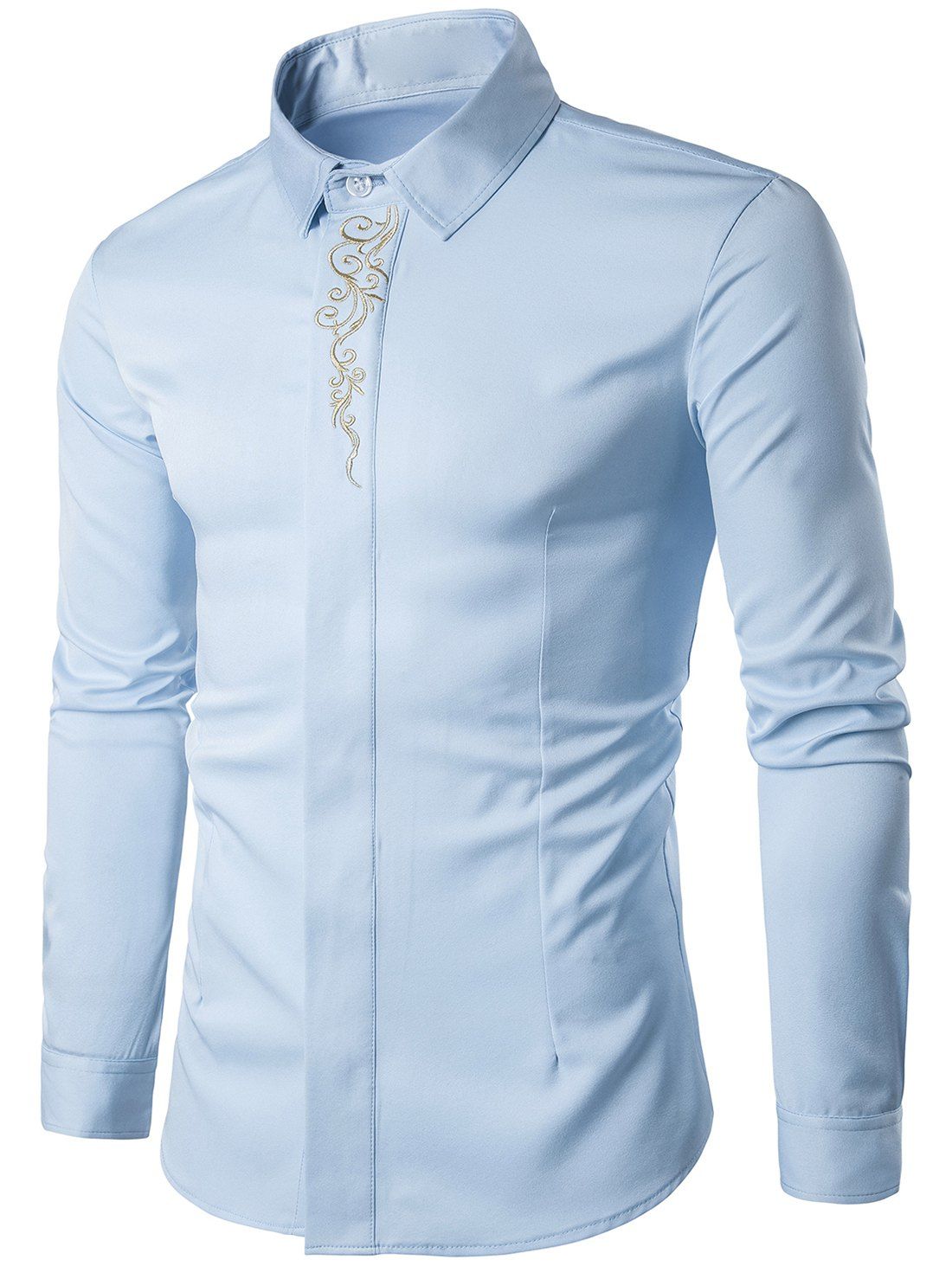 

Baroque Embroidery Accent Button Up Long Sleeve Shirt, Light blue