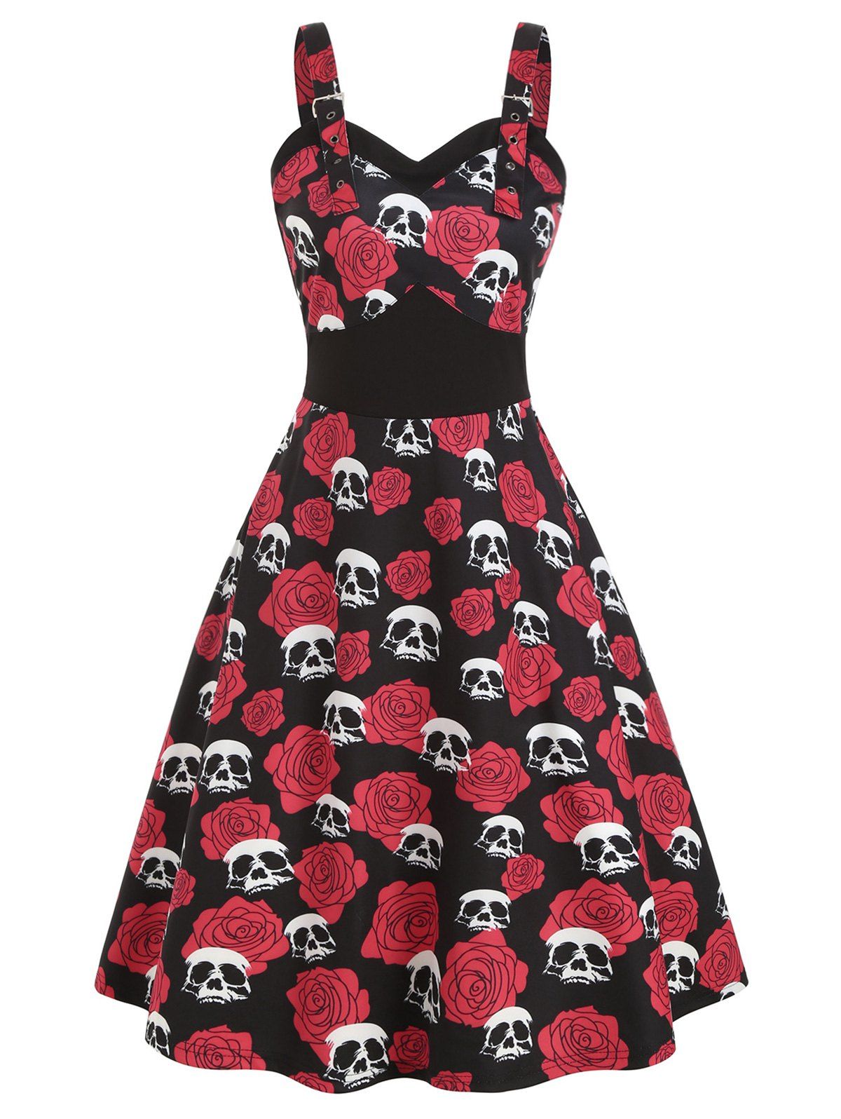 

Skull Flower Print Sleeveless Halloween Dress, Black