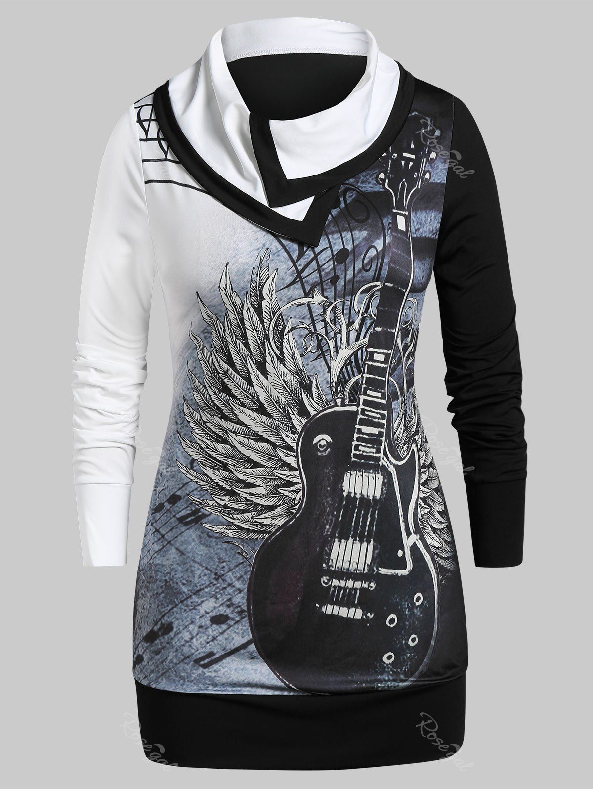 

Plus Size Musical Guitar Print Tunic Sweatshirt, Black