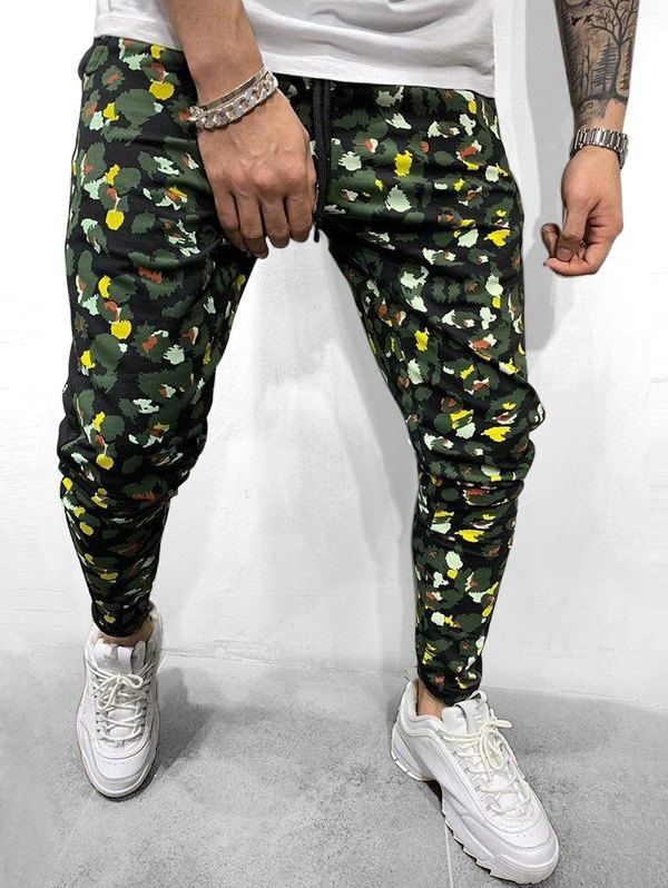 

Colorful Leopard Print Casual Drawstring Pants, Army green