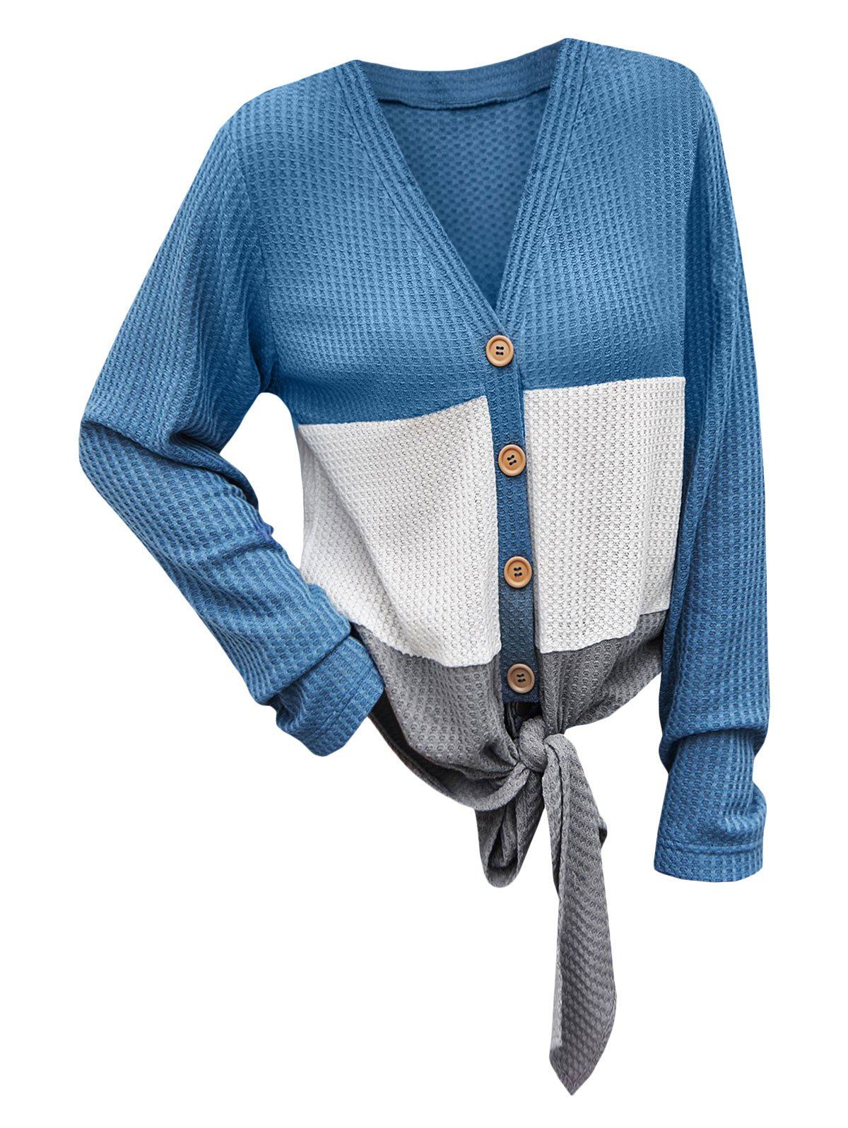 

Color Block Self-tie Button Up Cardigan, Silk blue