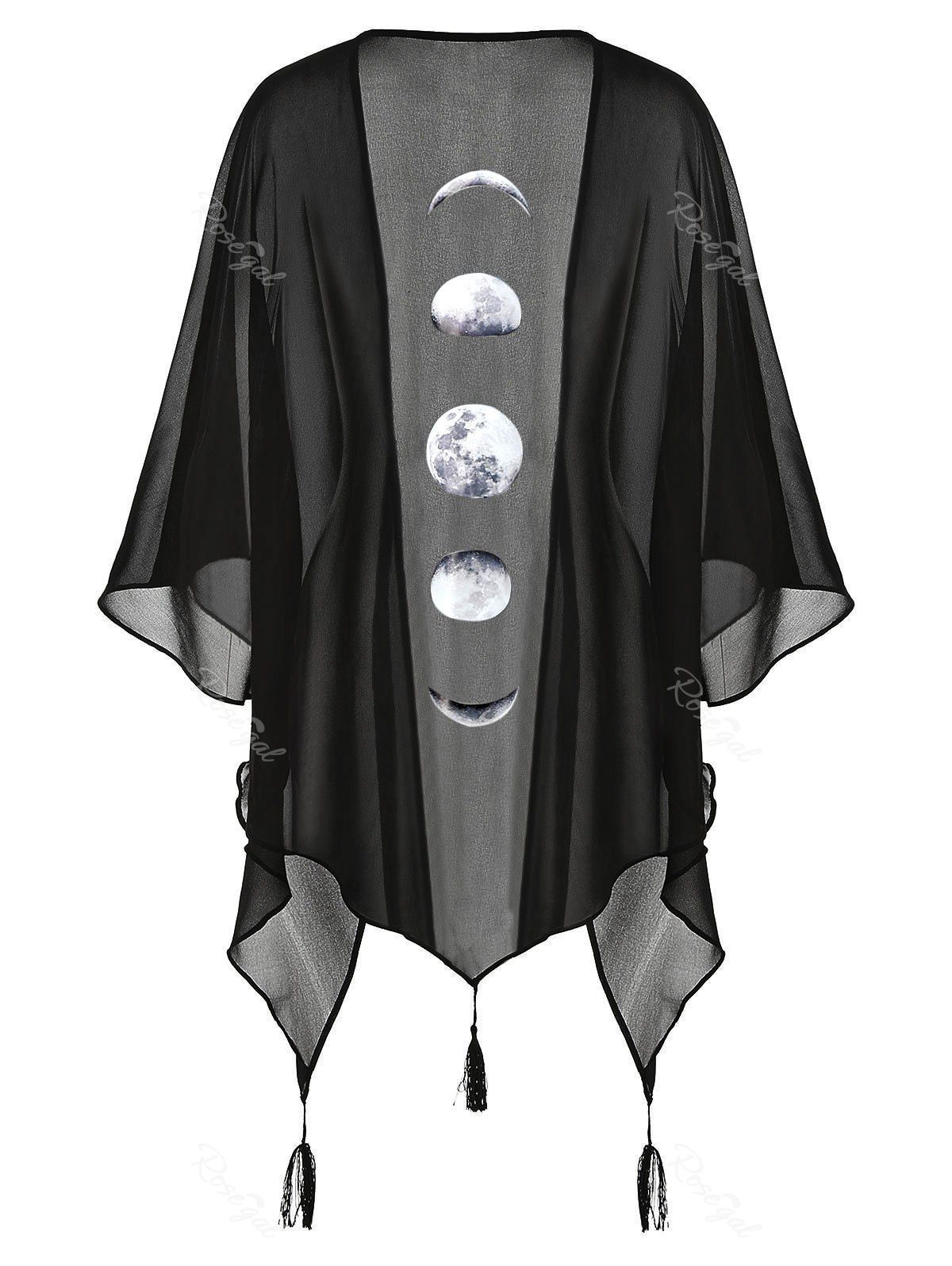 

Plus Size Halloween Lunar Eclipse Print Tassel Asymmetric Kimono Shirt, Black