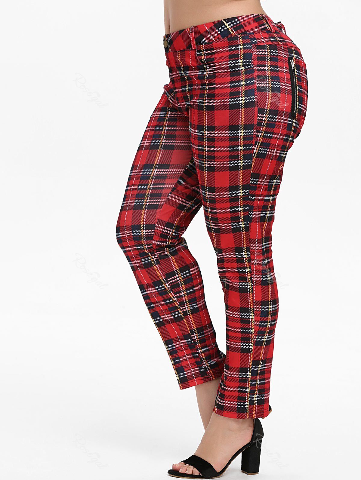 [47% OFF] Zippered Pockets Skinny Plaid Plus Size Pants | Rosegal
