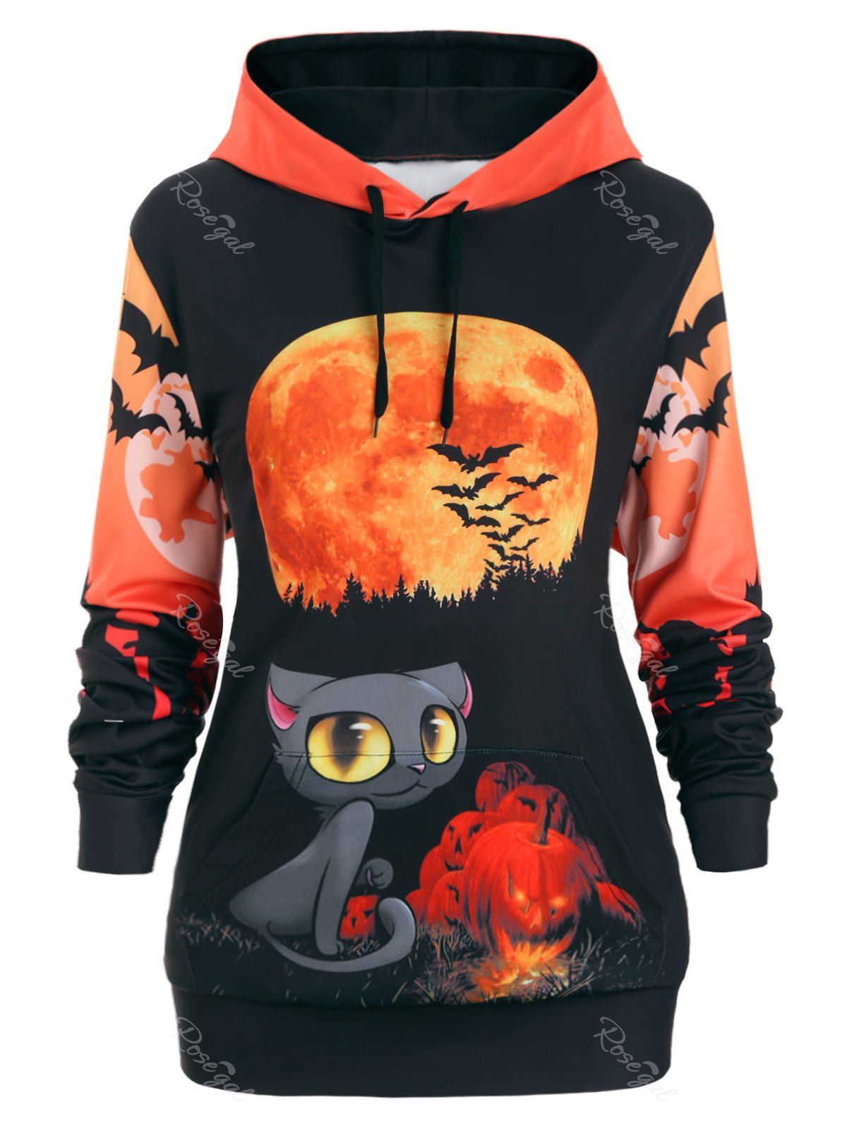 

Plus Size Drawstring 3D Print Gothic Halloween Pullover Hoodie, Pumpkin orange