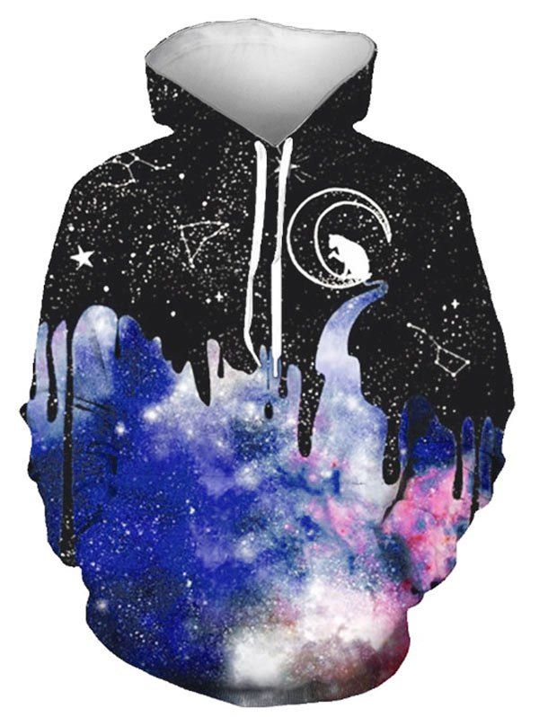 

Cat Moon Galaxy Print Front Pocket Drawstring Hoodie, Multi