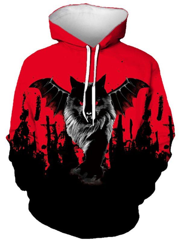 

Halloween Bat Graphic Front Pocket Drawstring Hoodie, Red