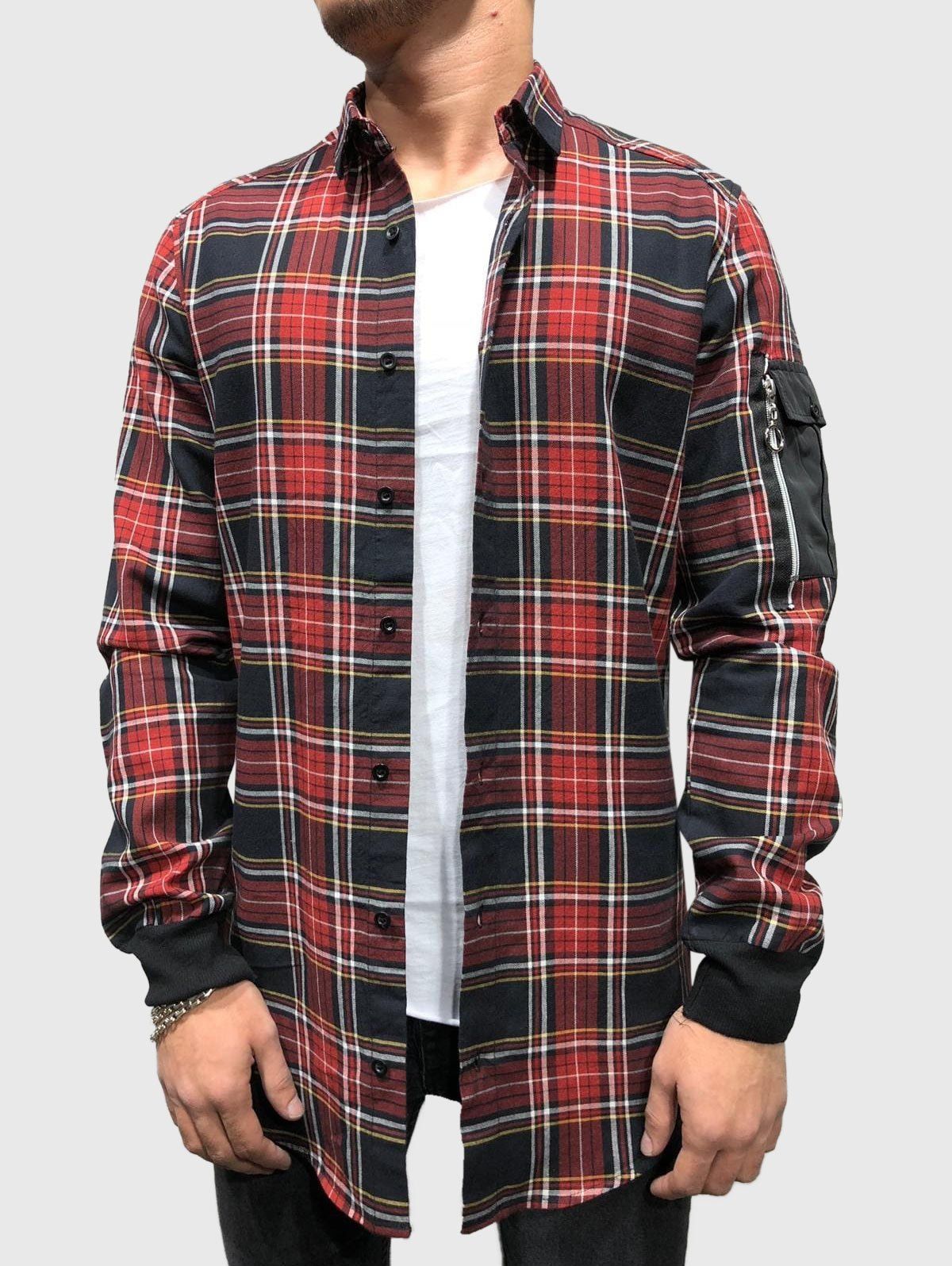 

Plaid Printed Pocket Decoration Casual Shirt, Red wine