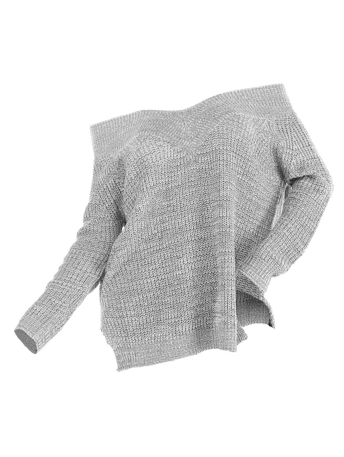 

Off The Shoulder Side Slit Pullover Sweater, Gray
