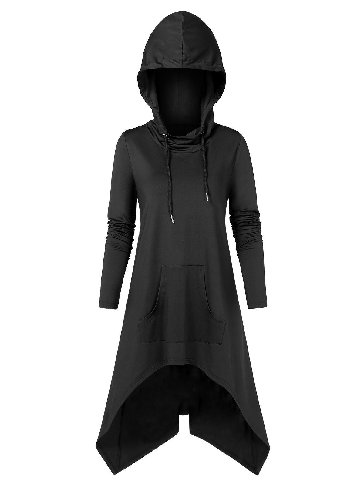 

Drawstring Kangaroo Pocket High Low Pullover Hoodie, Black
