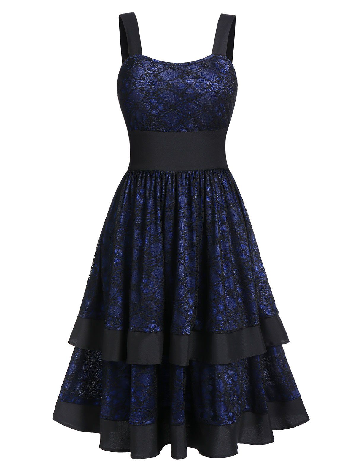 

Square Neck Lace Layered A Line Flounce Dress, Deep blue