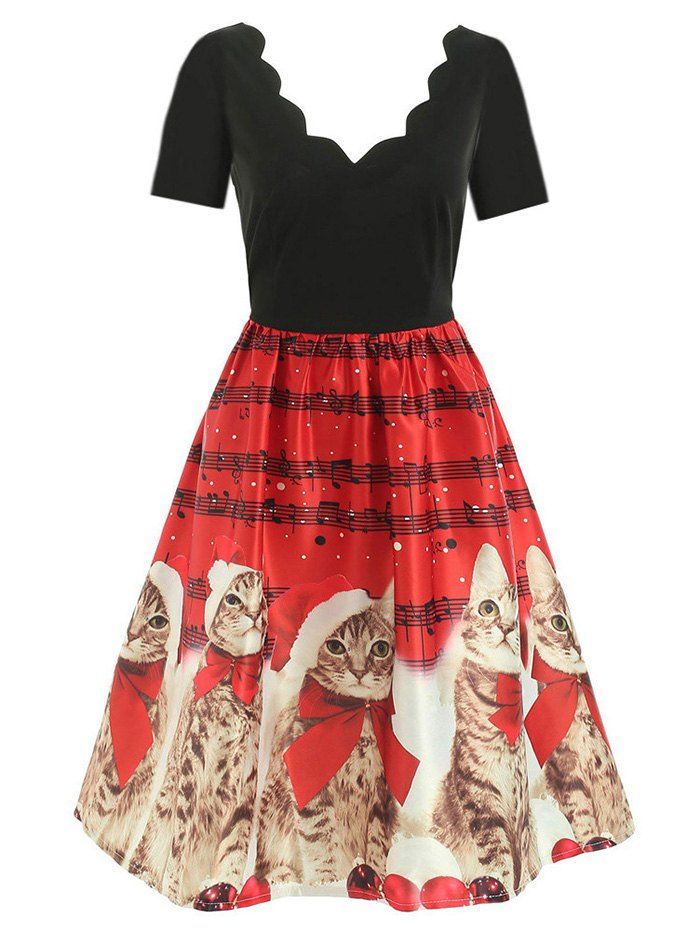 

Scalloped Musical Notes Cat V Neck Christmas Dress, Red