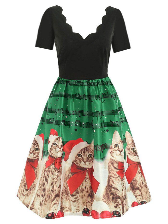 

Scalloped Musical Notes Cat V Neck Christmas Dress, Green