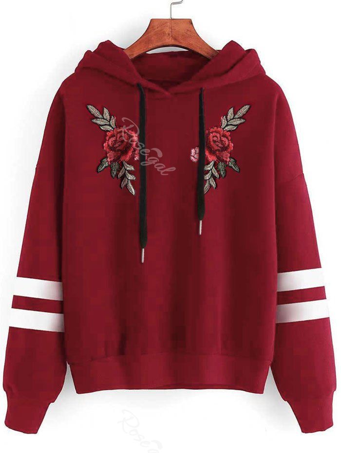 

Plus Size Drawstring Embroidery Pullover Hoodie, Red wine