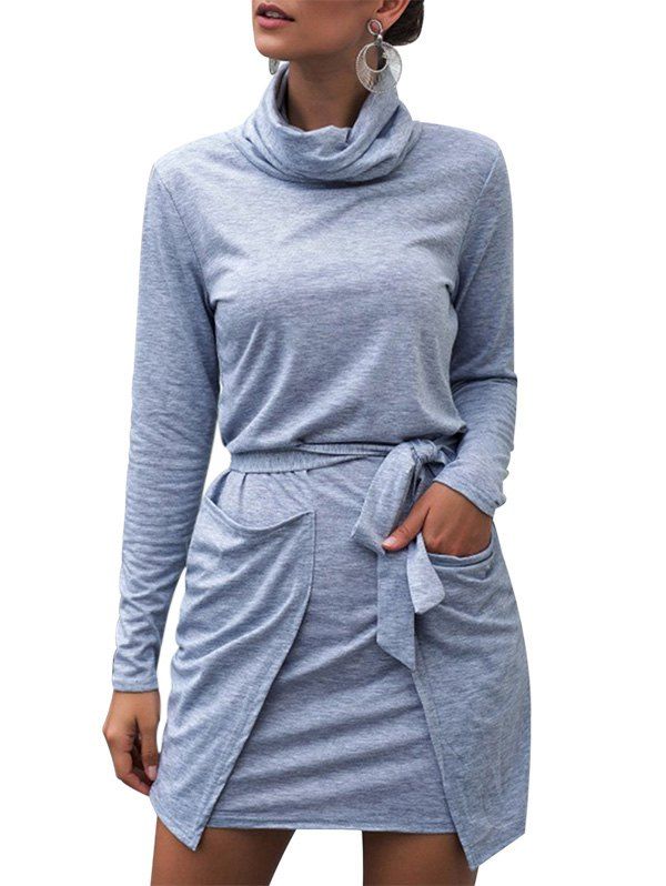 

Turtleneck Heathered Belted Long Sleeves Dress, Gray