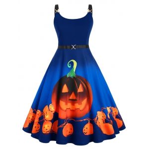 

Straps Pumpkin Print Halloween Plus Size Vintage Dress, Blue