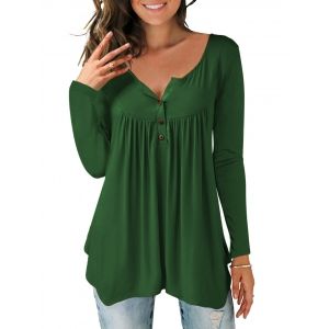 

Half Button Asymmetric Long Sleeves Tee, Deep green