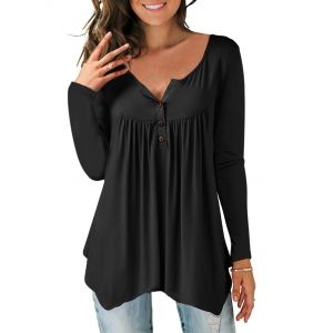 

Half Button Asymmetric Long Sleeves Tee, Black