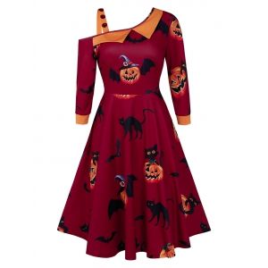 

Pumpkin Print Skew Collar Fit And Flare Halloween Dress, Red wine