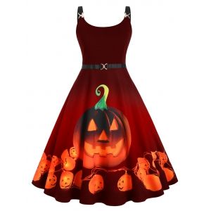 

Straps Pumpkin Print Halloween Plus Size Vintage Dress, Red