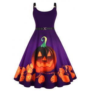 

Straps Pumpkin Print Halloween Plus Size Vintage Dress, Purple