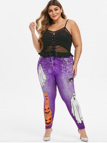 

Plus Size Halloween Ghost Pumpkin Print 3D Jeggings, Violet