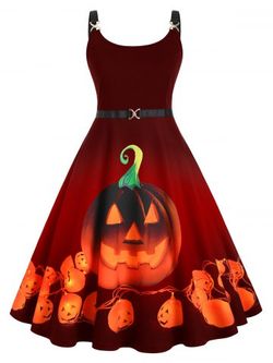 Straps Pumpkin Print Halloween Plus Size Vintage Dress - RED - L
