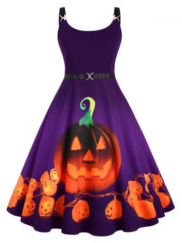Straps Pumpkin Print Halloween Plus Size Vintage Dress - PURPLE - L
