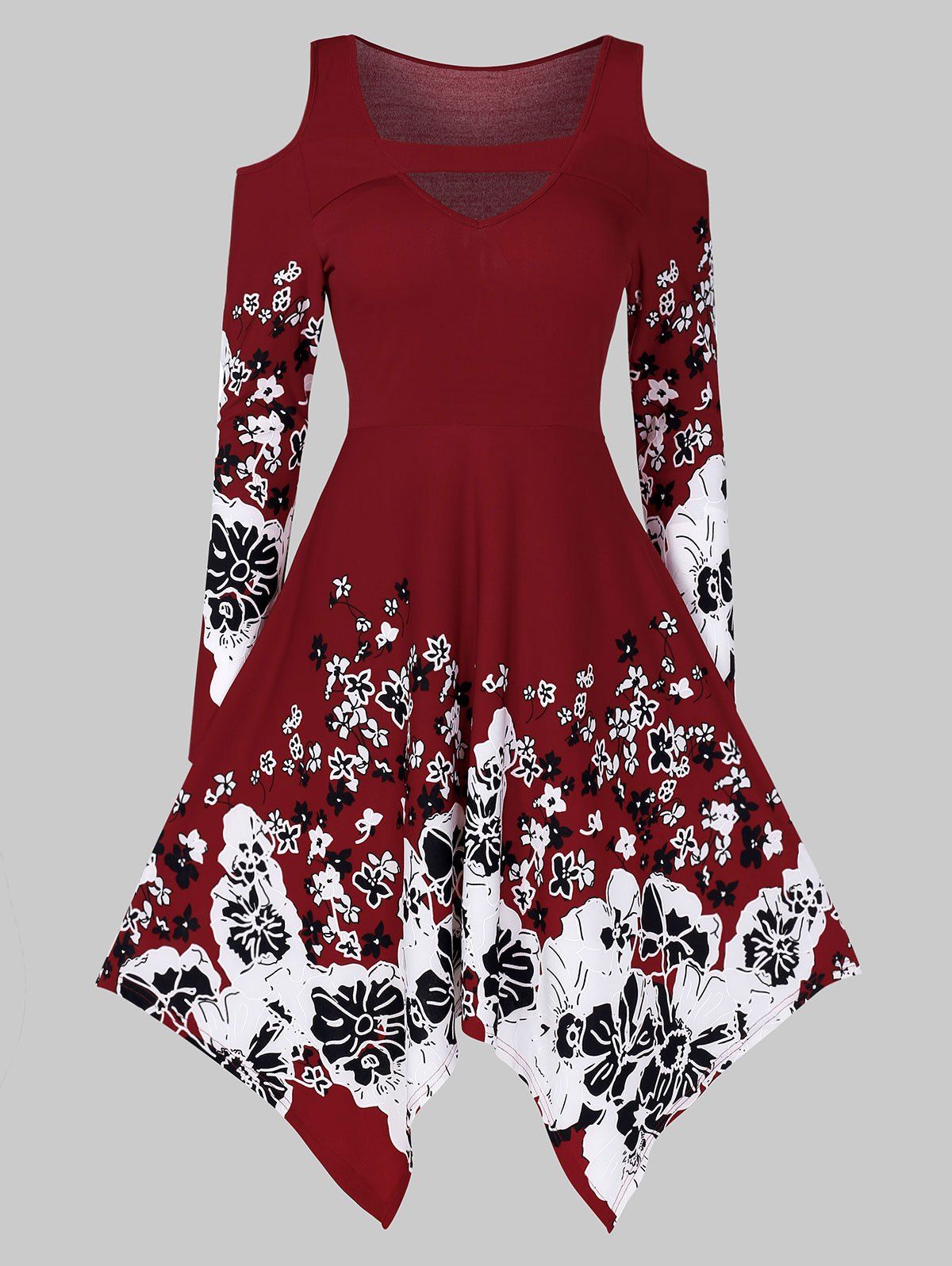 

Open Shoulder Floral Print Cut Out Dress, Red wine