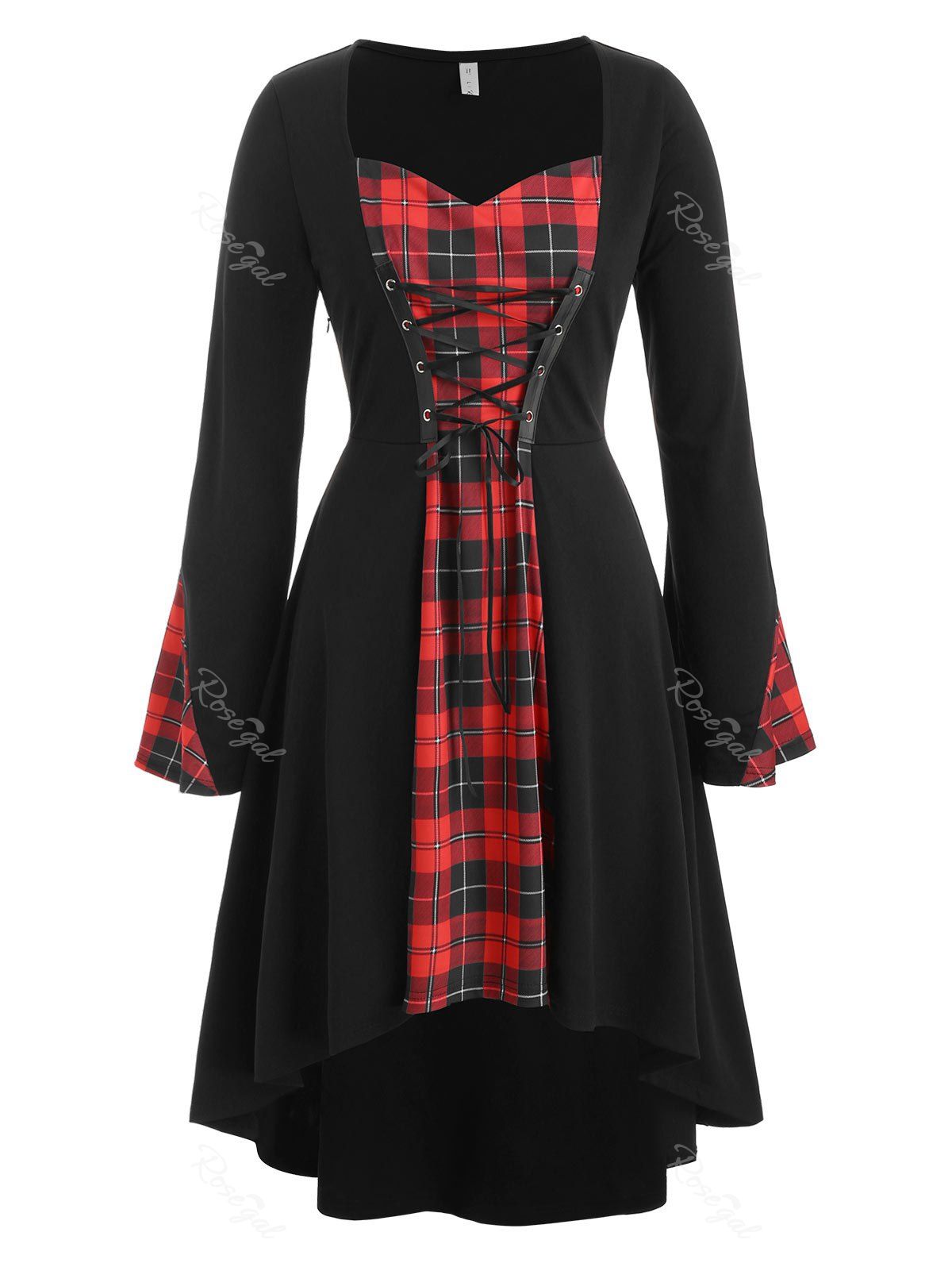 

Plus Size Plaid Lace Up Gothic Halloween Tee, Black