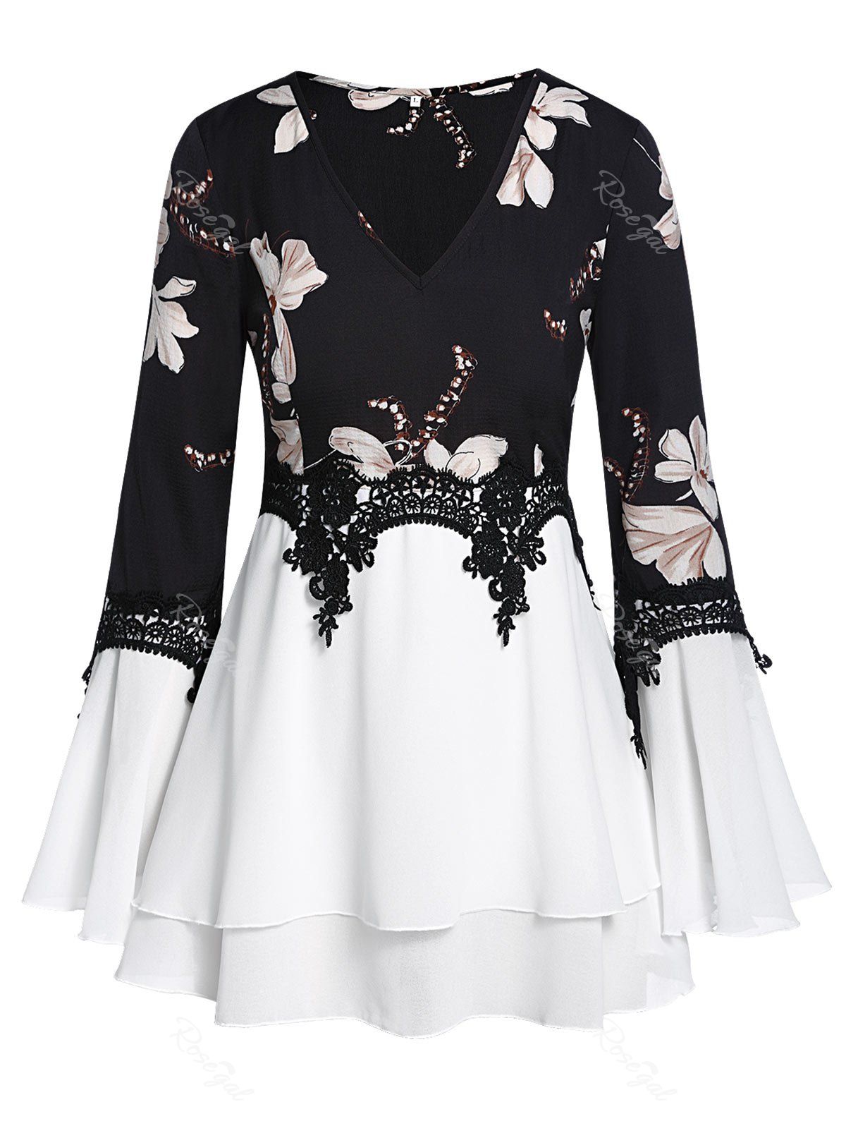 

Plus Size Flower Flare Sleeve Guipure Insert Blouse, Black