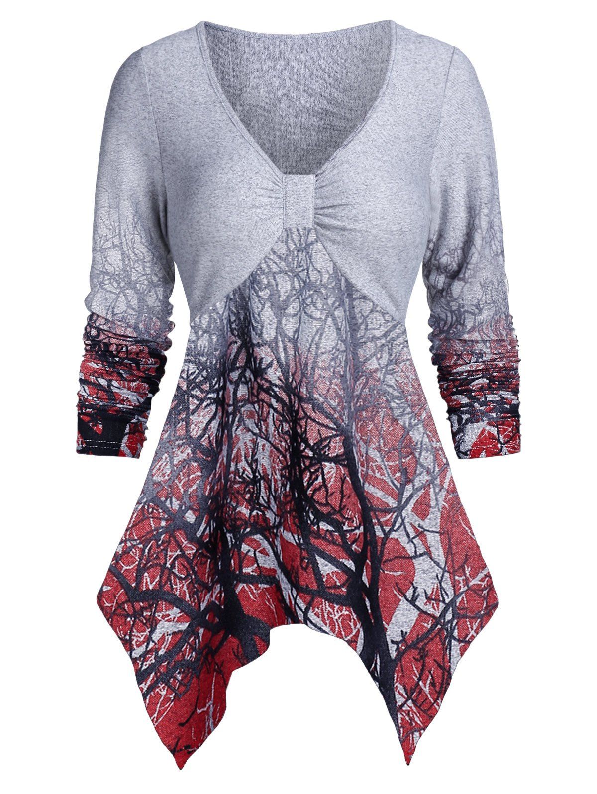 

V Neck Tree Print Asymmetric T Shirt, Lava red