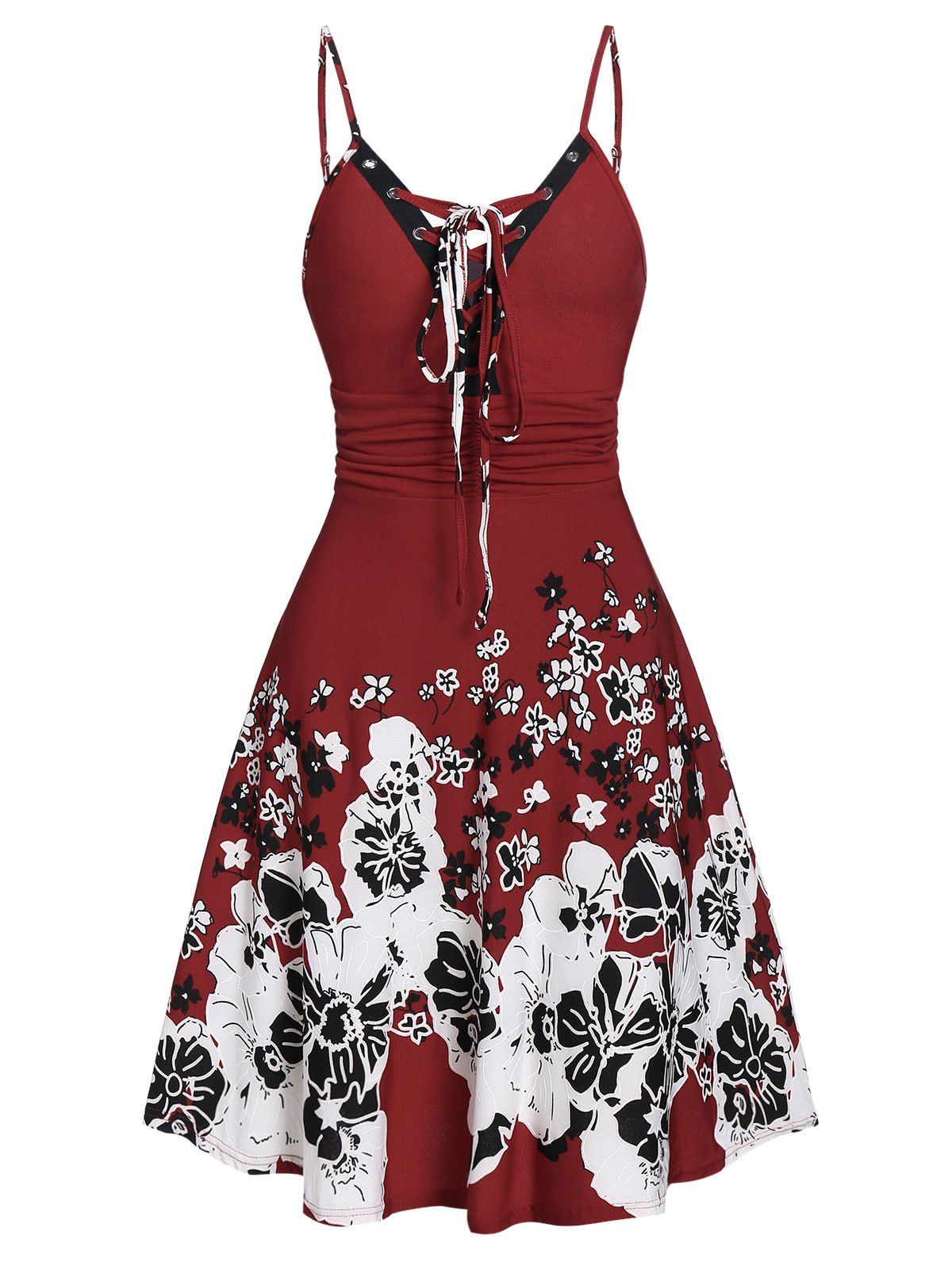 

Spaghetti Strap Ditsy Print Ruched Dress, Red wine