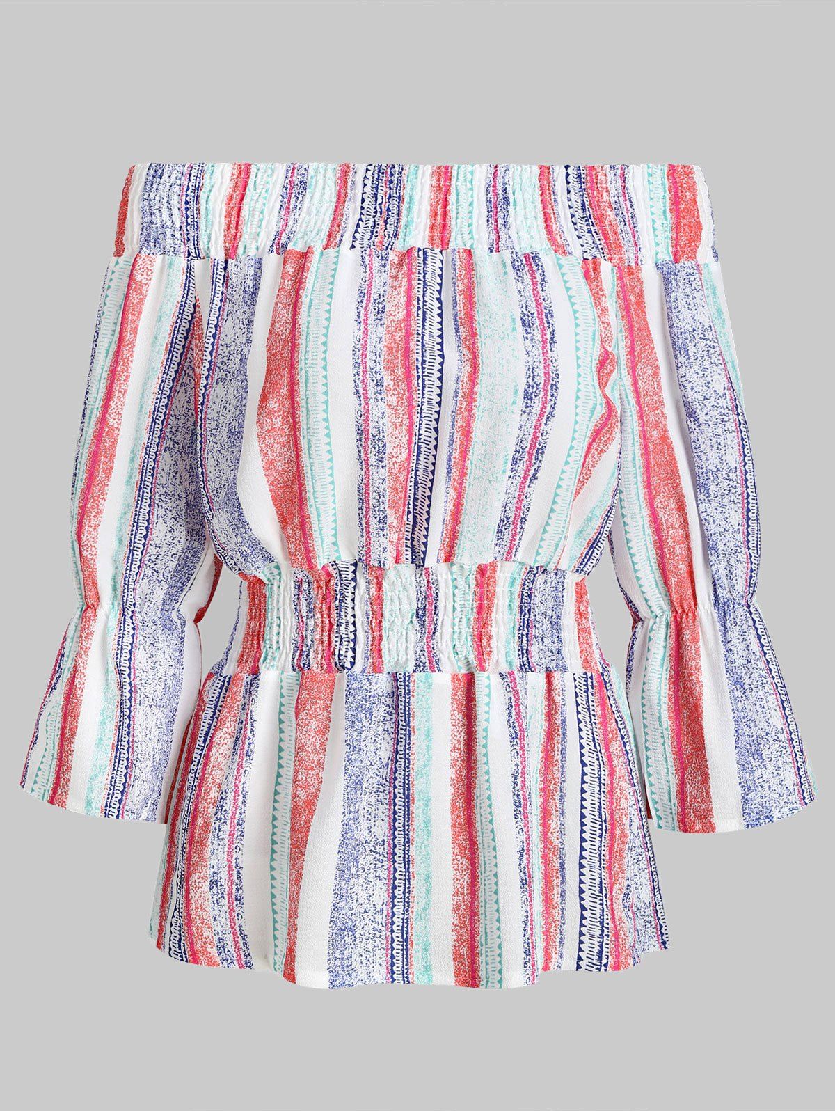

Off Shoulder Striped Shirred Blouse, Multi