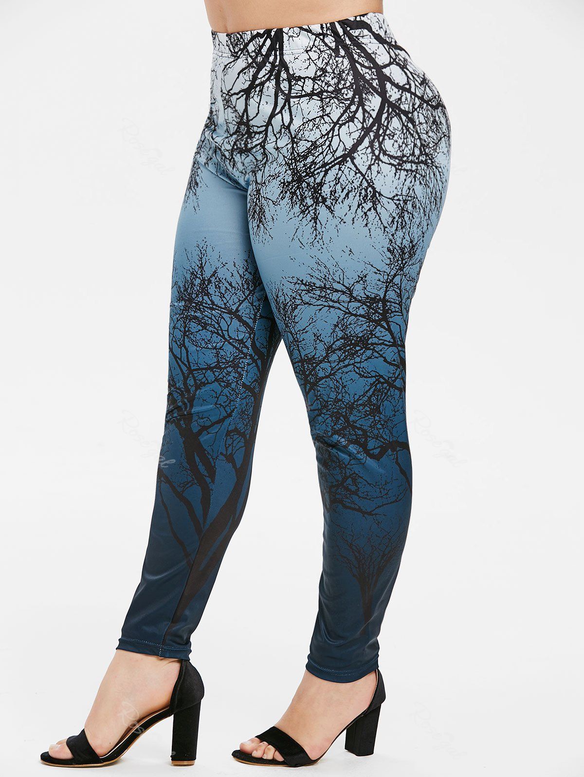 

Plus Size Ombre Tree Print Gothic Halloween Leggings, Blue gray