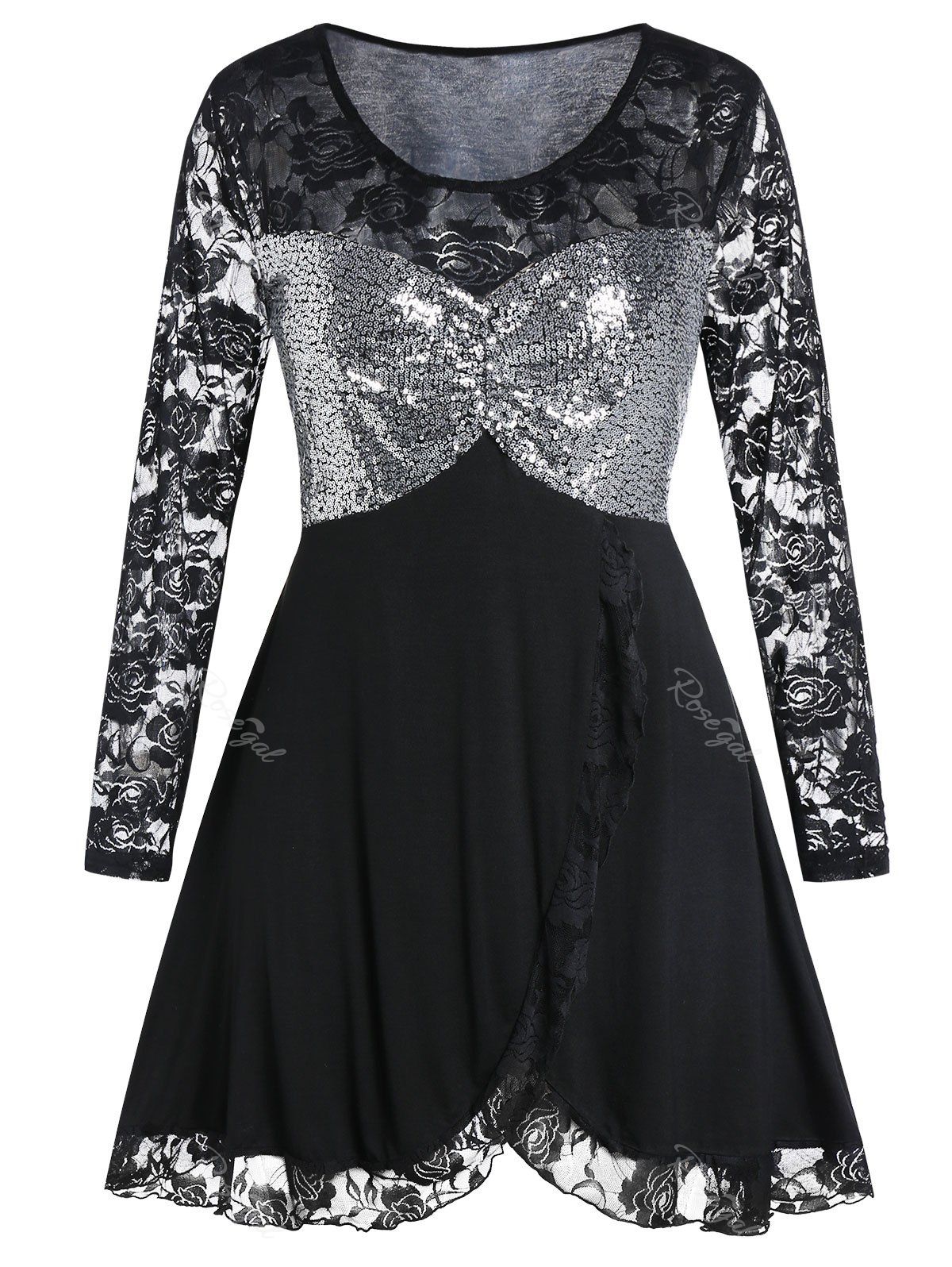 

Plus Size Lace Panel Sheer Sequined Tulip Hem Long Sleeve Tee, Black