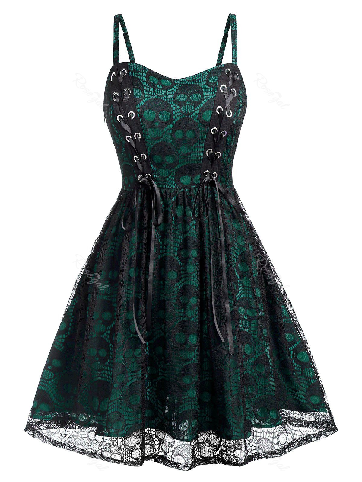 

Plus Size Halloween Lace Skulls Grommet A Line Dress, Medium aquamarine