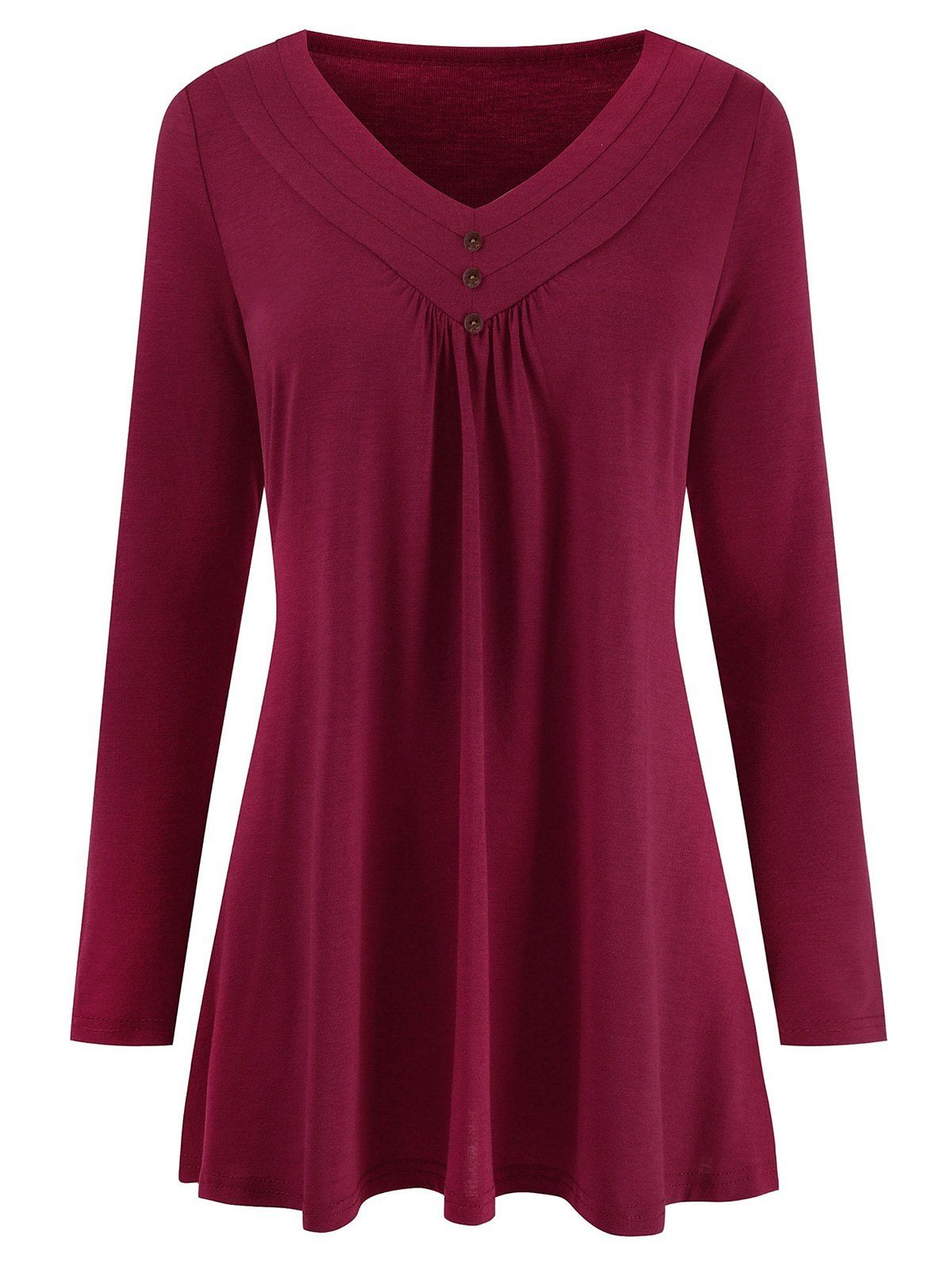 

Mock Buttons Long Sleeves Solid Tee, Red wine