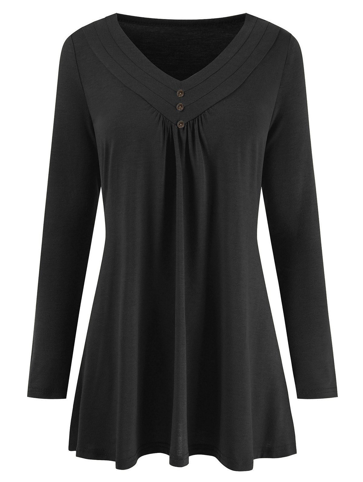 

Mock Buttons Long Sleeves Solid Tee, Black
