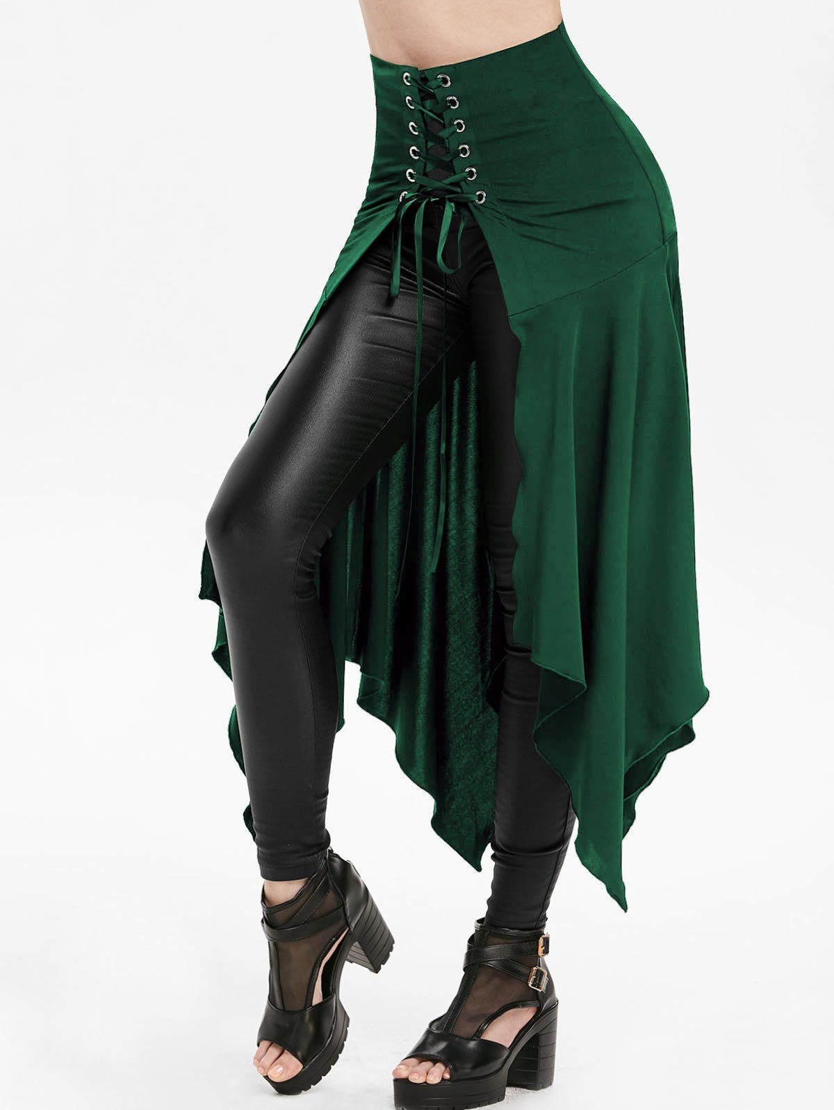 

High Waisted Lace-up Slit Front Asymmetric Skirt, Deep green