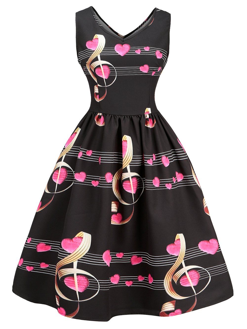 

Musical Notes Heart Sleeveless Vintage Flare Dress, Black