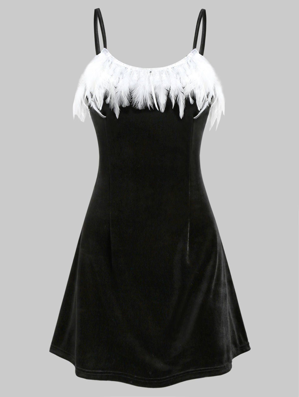 

Feather Embellished Velvet Flared Cami Dress, Black