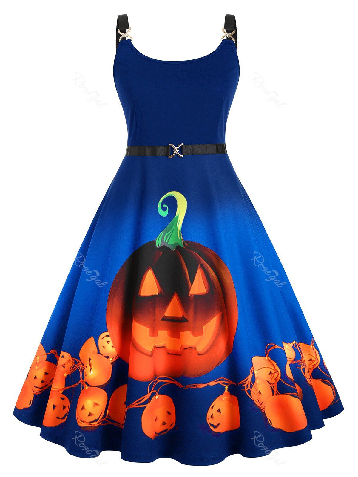 

Straps Pumpkin Print Halloween Plus Size Vintage Dress, Blue