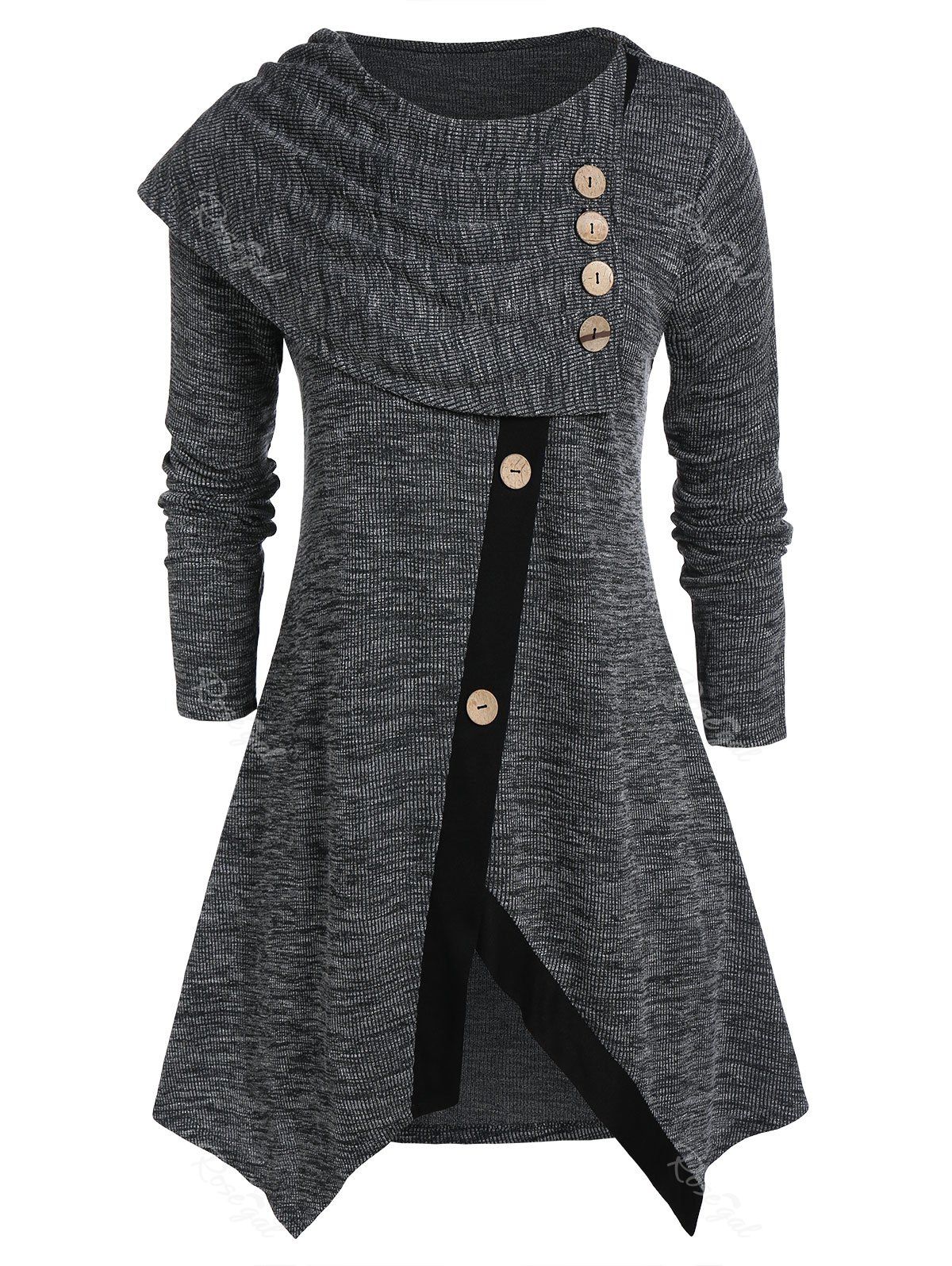 

Plus Size Marled Button Asymmetric Sweater, Dark slate grey