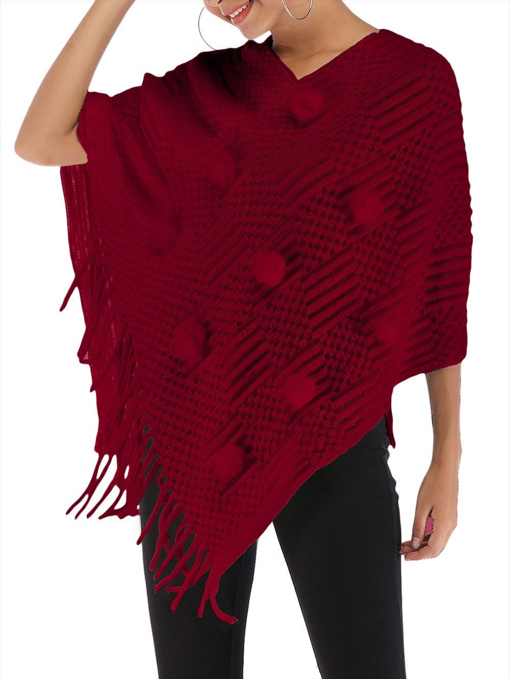 

Pom Pom Fringed Batwing Sleeve Sweater, Red wine