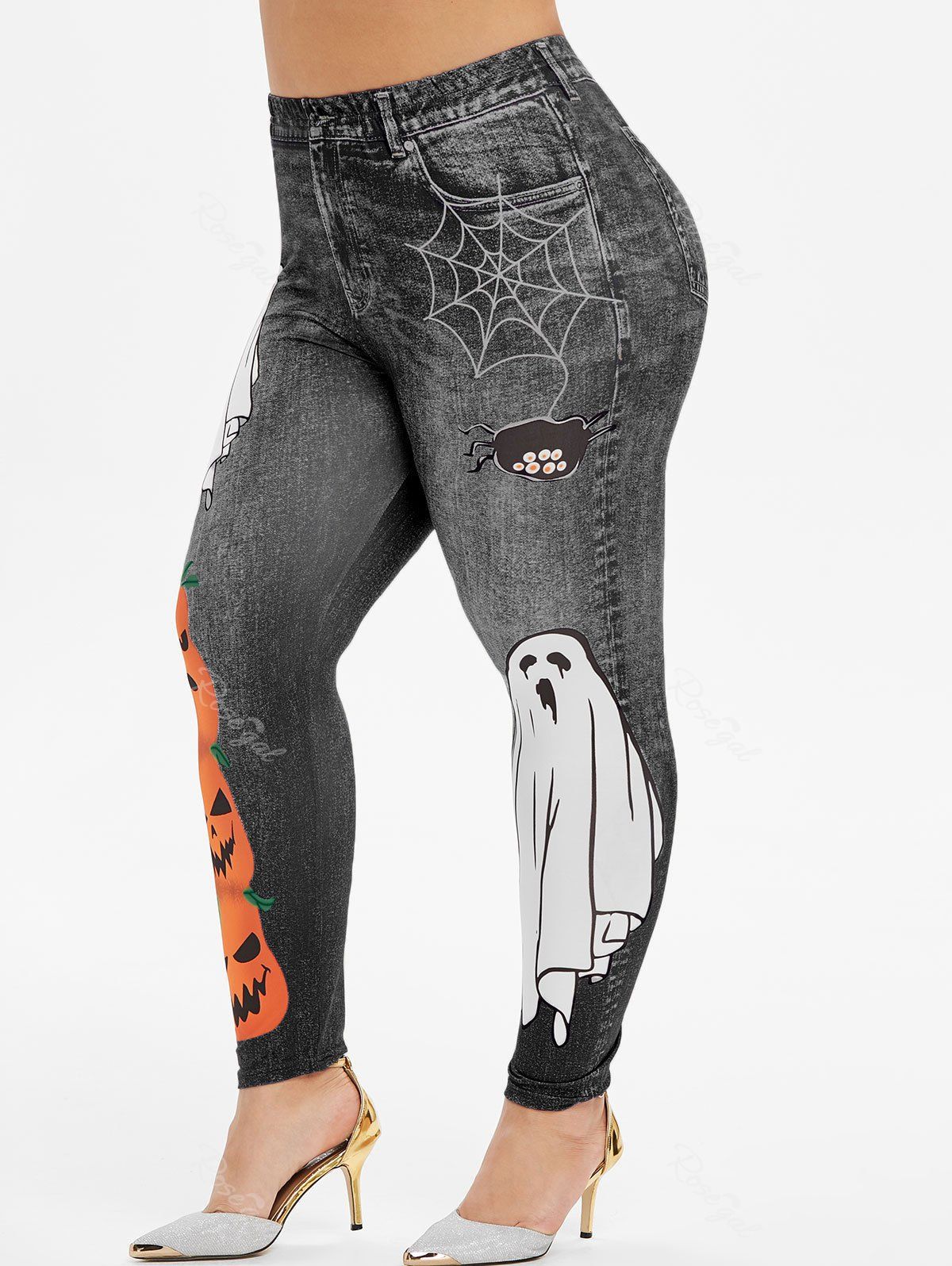 

Plus Size Halloween Ghost Pumpkin Print 3D Jeggings, Black