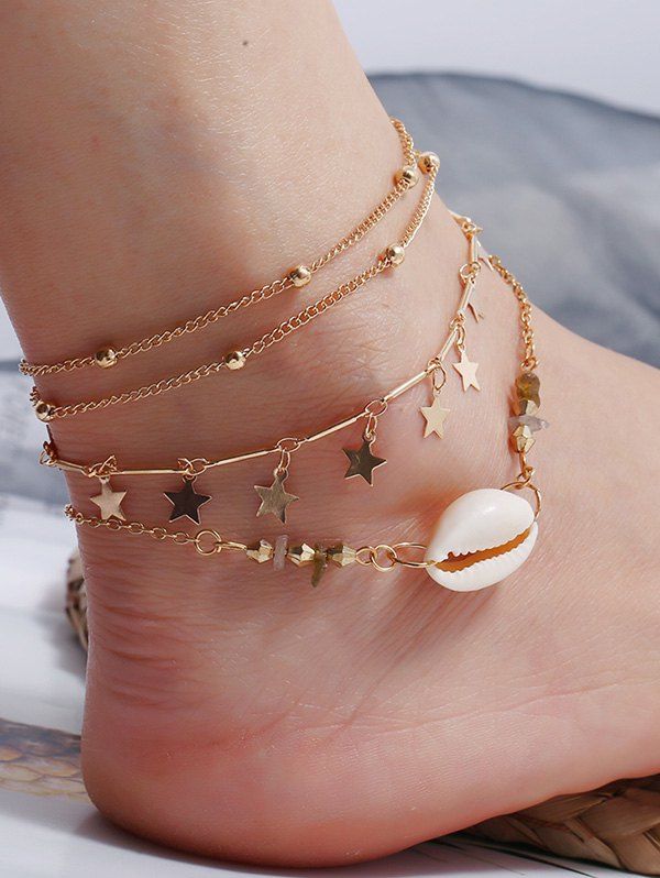 

3Pcs Shell Star Layers Charm Anklet Set, Gold