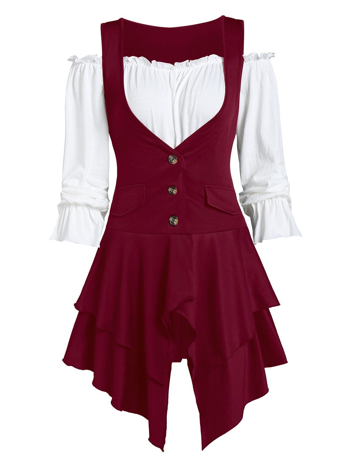 

Off The Shoulder Plain Top and Asymmetric Layered Lace-up Vest, Red wine