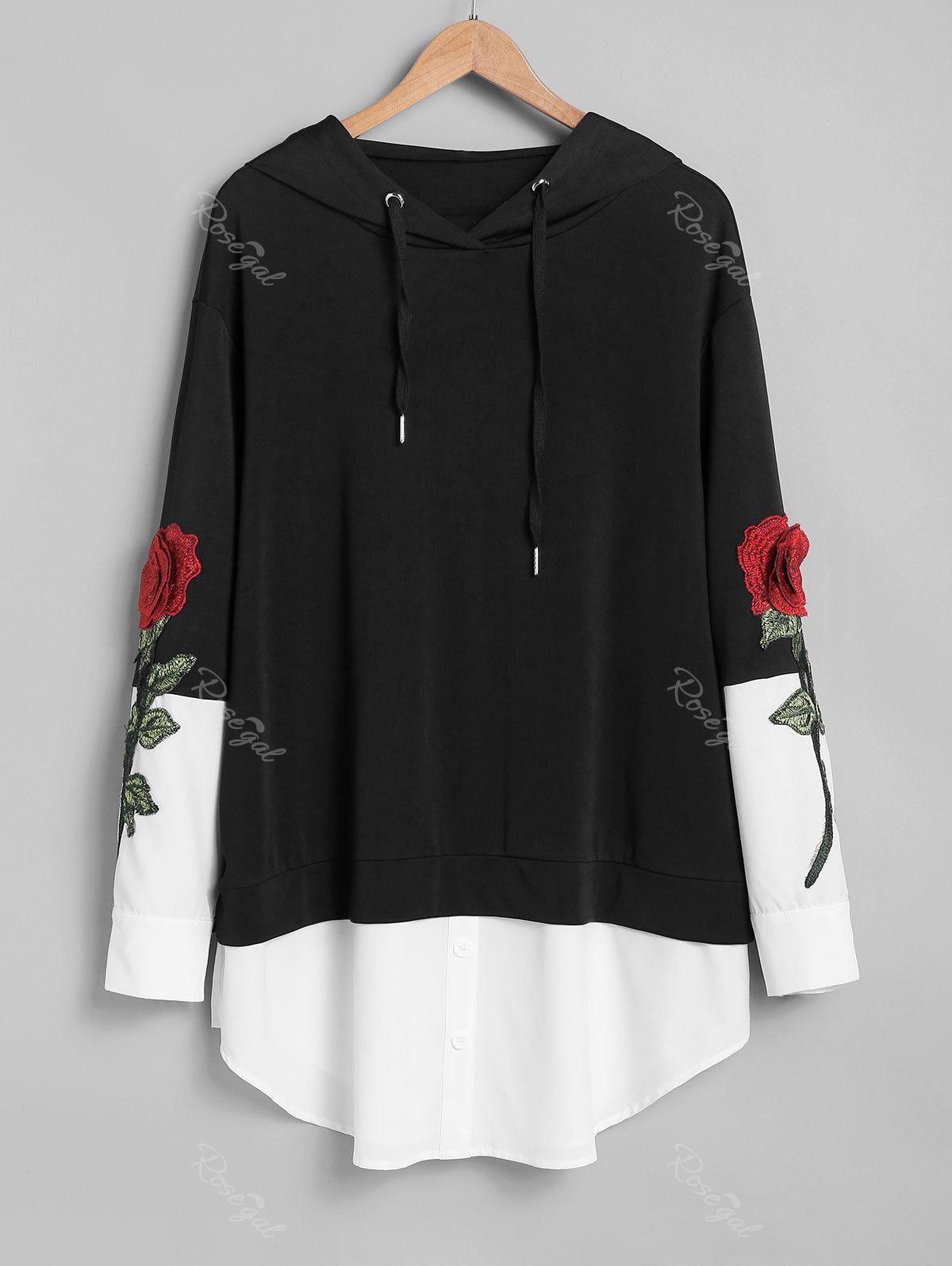 

Plus Size Flower Embroidered Mixed Media Two Tone Hoodie, Multi